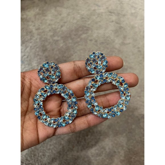 blue rhinestone earrings big statement long big aqua aquamarine large crystal - Picture 4 of 7